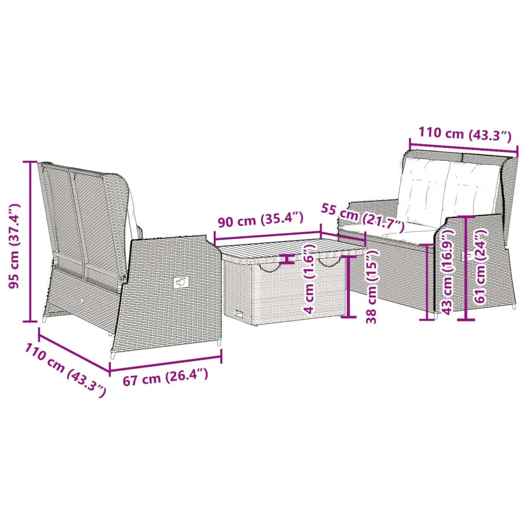 Garden Lounge Set 3 Piece Outdoor Furniture Grey Poly Rattan Patio Seating