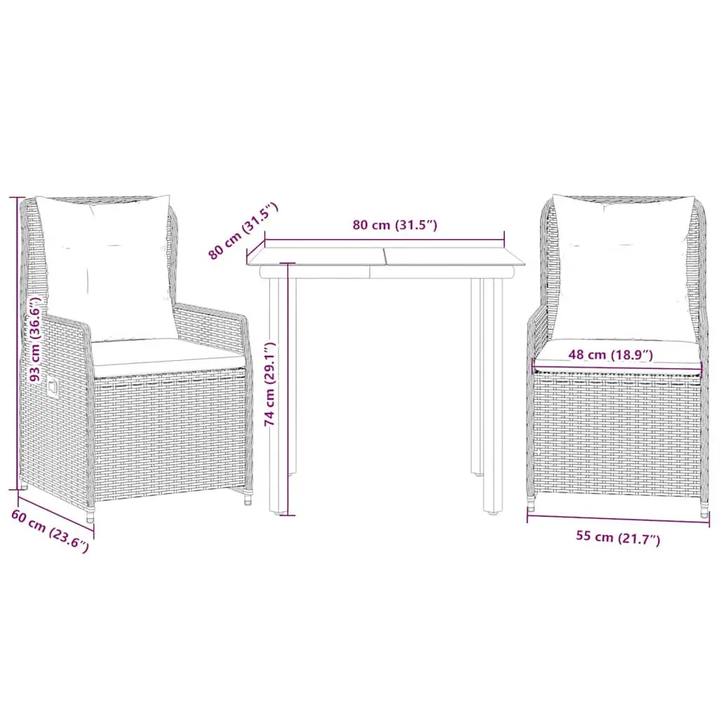 Outdoor Furniture Dining Set 3 Piece Adjustable Backrest Seating Black PE Rattan