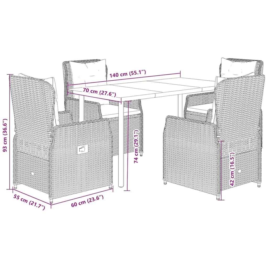 5 Piece Outdoor Dining Set Black Poly Rattan Patio Table Chairs