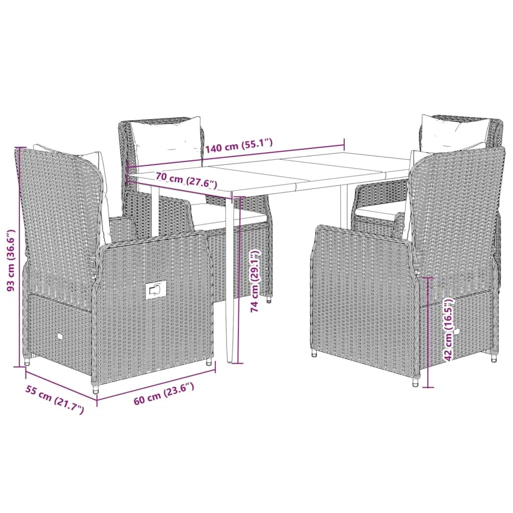 Outdoor Dining Set Grey Poly Rattan 5 Piece Table and Chairs for Garden and Patio