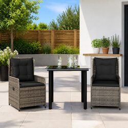 Garden Dining Set 3 Piece Outdoor Furniture Grey Poly Rattan Cushions Patio