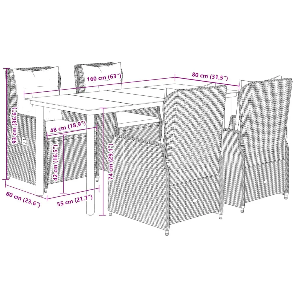 Outdoor Furniture Garden Dining Set Grey Poly Rattan Cushions 5 Piece