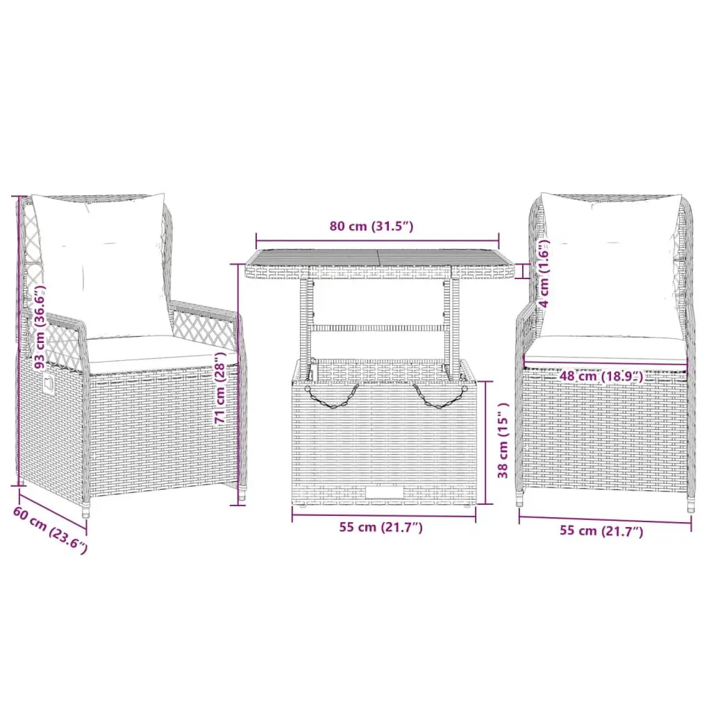 Garden Dining Set Adjustable Backrest Grey PE Rattan 3 Piece with Cushions