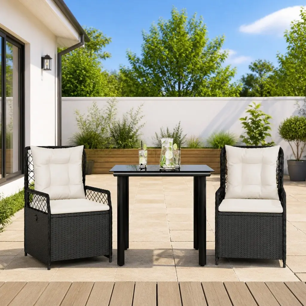 Outdoor Furniture Garden Dining Set 3 Piece Black PE Rattan Table and Chairs