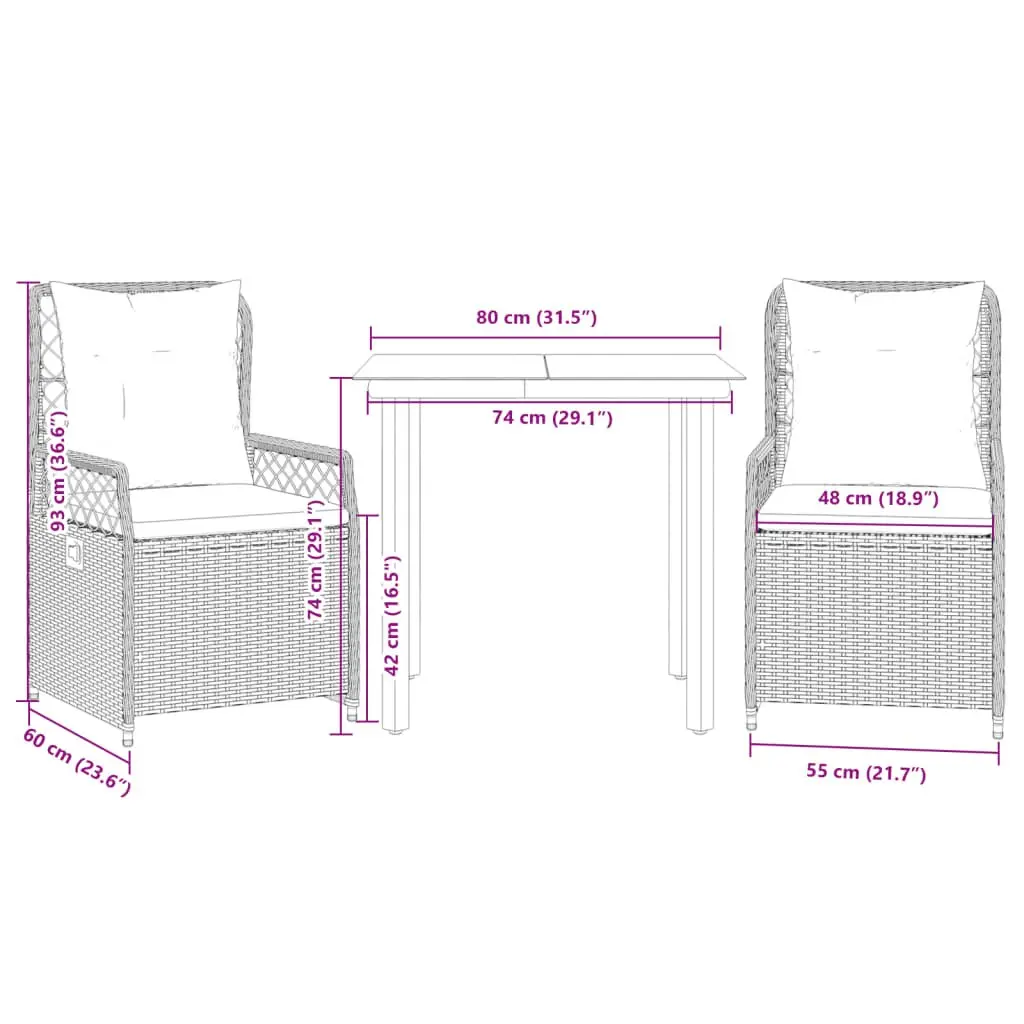 Outdoor Furniture Garden Dining Set 3 Piece Black PE Rattan Table and Chairs