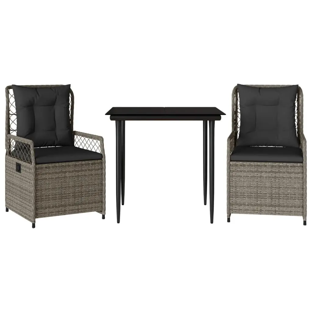 Outdoor Furniture Set Grey Poly Rattan 3 Piece Dining Set with Adjustable Backrest and Cushions