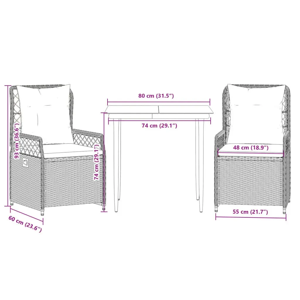 Outdoor Furniture Set Grey Poly Rattan 3 Piece Dining Set with Adjustable Backrest and Cushions