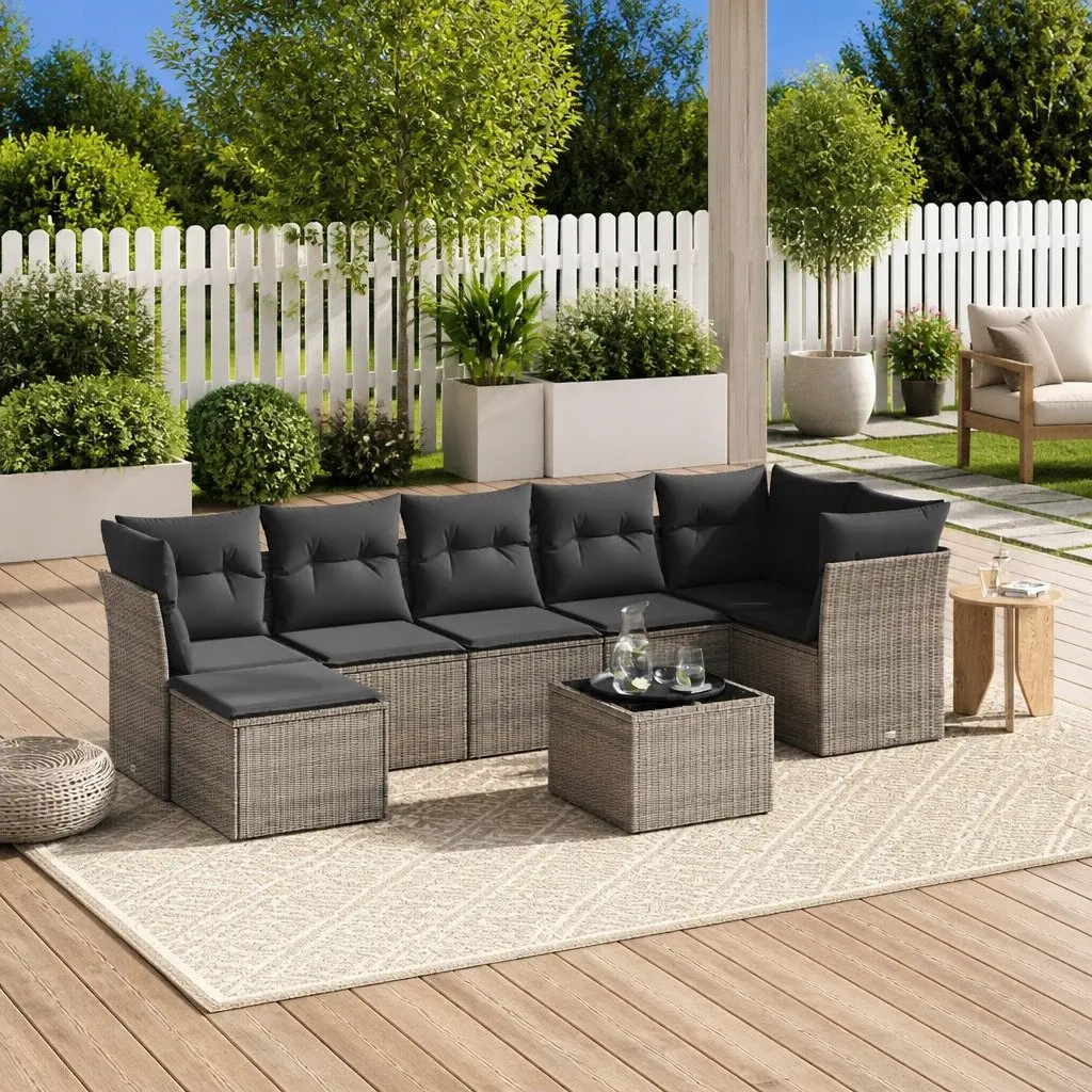 8 Piece Garden Sofa Set Outdoor Furniture Grey Rattan Patio Lounge with Cushions