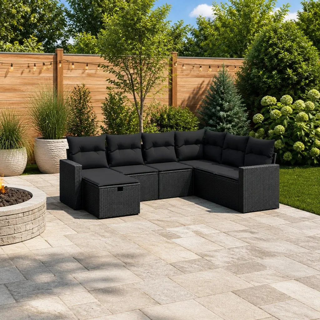 7 Piece Garden Sofa Set Cushions Black Poly Rattan Outdoor Furniture