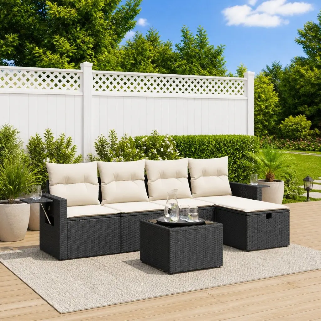 Garden Sofa Set 6 Piece Outdoor Patio Furniture Black Poly Rattan