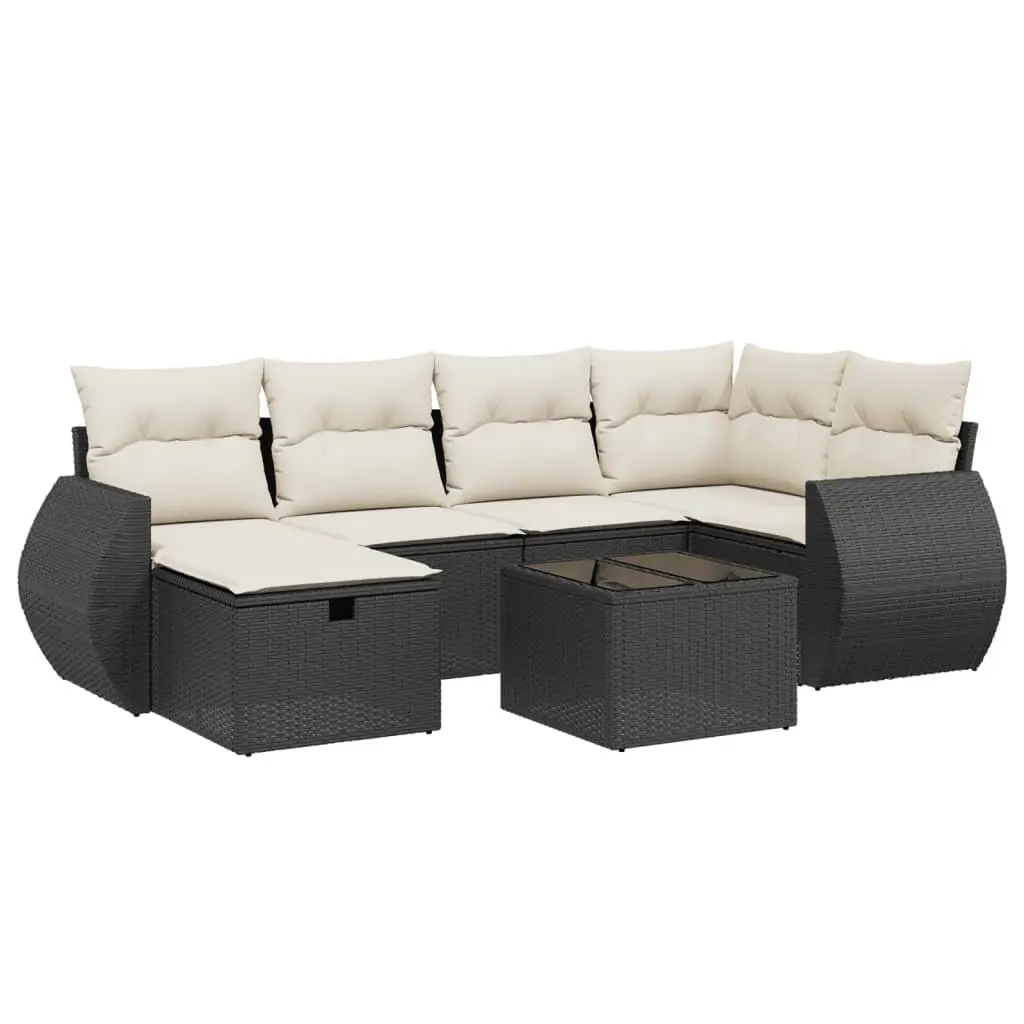 Outdoor Garden Sofa Set 7 Piece Patio Furniture Black Poly Rattan with Glass