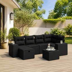Garden Sofa Set 7 Piece Outdoor Patio Furniture Black Poly Rattan with Cushions