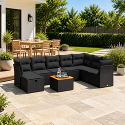 9 Piece Garden Sofa Set Outdoor Patio Furniture Black Rattan with Cushions Table