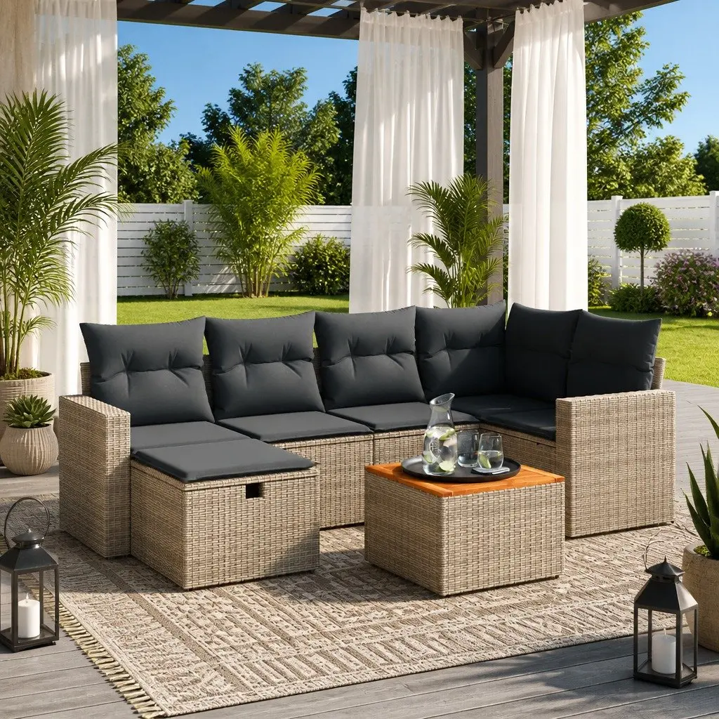 Garden Sofa Set Modular Outdoor Furniture 7 Piece Grey Poly Rattan