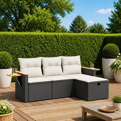 4 Piece Outdoor Garden Sofa Set Black Poly Rattan Patio Furniture with Cushions