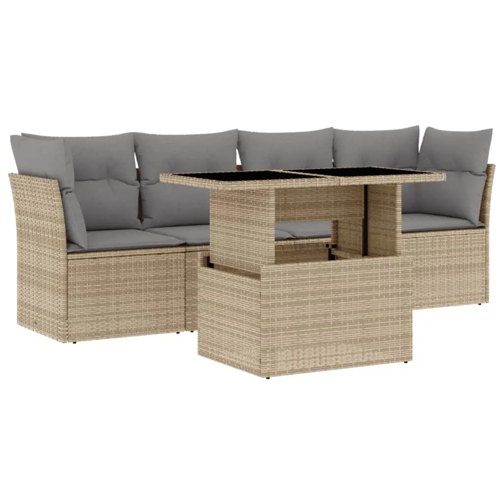 Garden Sofa Set 5 Piece Outdoor Furniture Beige Poly Rattan Patio with Cushions