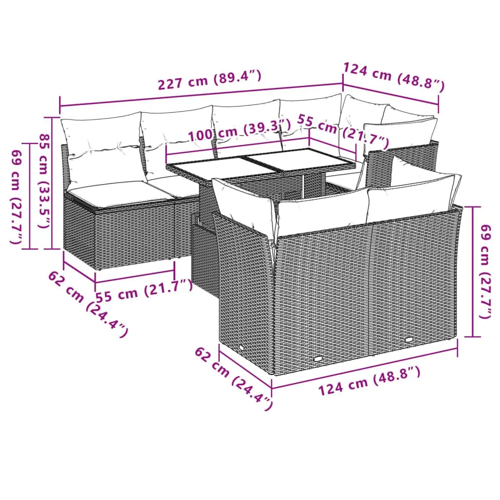 Garden Sofa Set Outdoor Furniture 8 Piece Modular Black PE Rattan with Adjustable Tabletop