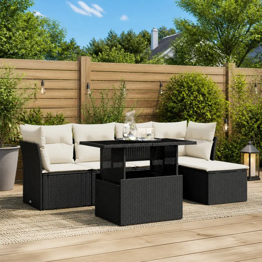 Garden Sofa Set 6 Piece Outdoor Furniture Black Poly Rattan Modular Patio Lounge