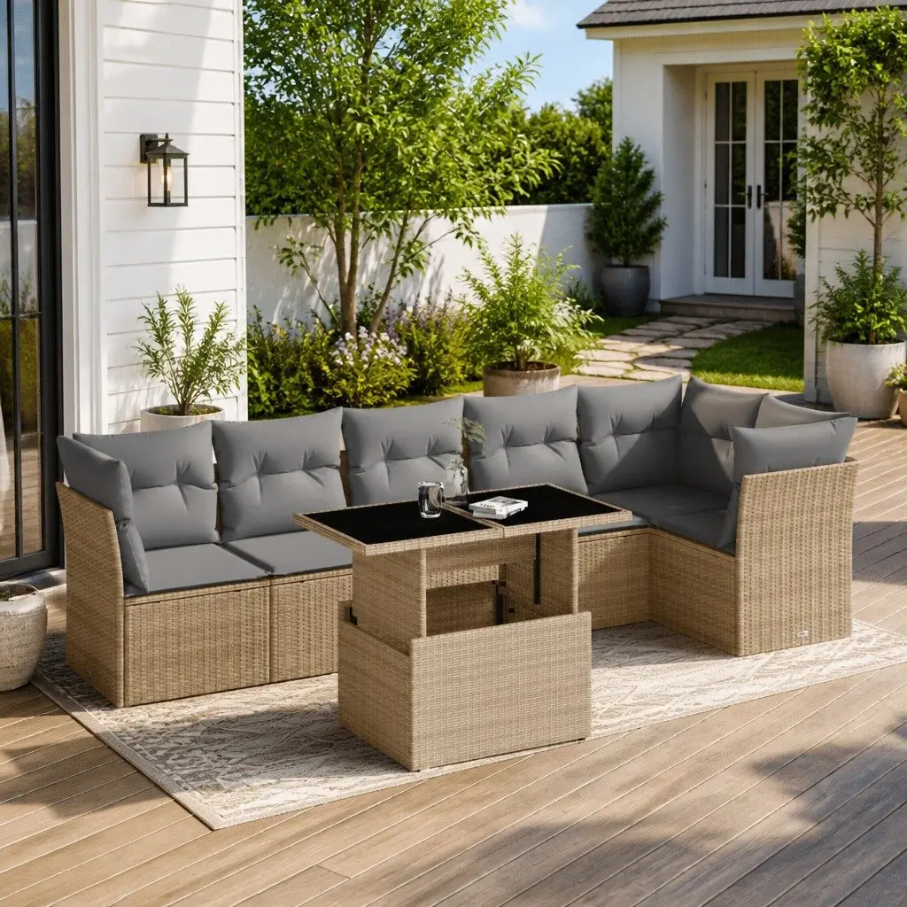 Beige Modular Garden Sofa Set 7 Piece Outdoor Furniture with Cushions for Patio and Terrace Use