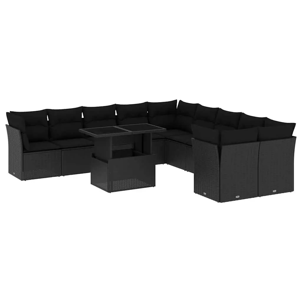 Garden Sofa Set 11 Piece Outdoor Furniture Black Poly Rattan with Cushions