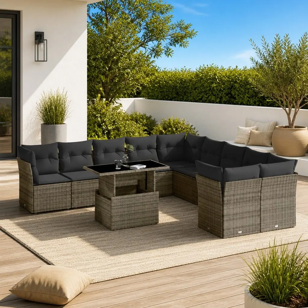 Garden Sofa Set Modular Outdoor Furniture 11 Piece Grey Poly Rattan