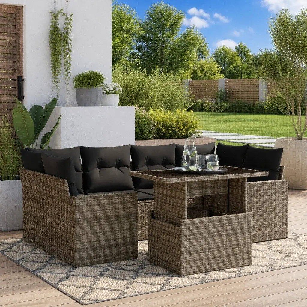 7 Piece Garden Sofa Set Grey Poly Rattan Outdoor Furniture with Cushions
