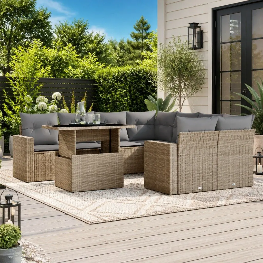 Garden Sofa Set 9 Piece Outdoor Furniture Beige PE Rattan Patio Lounge Seating