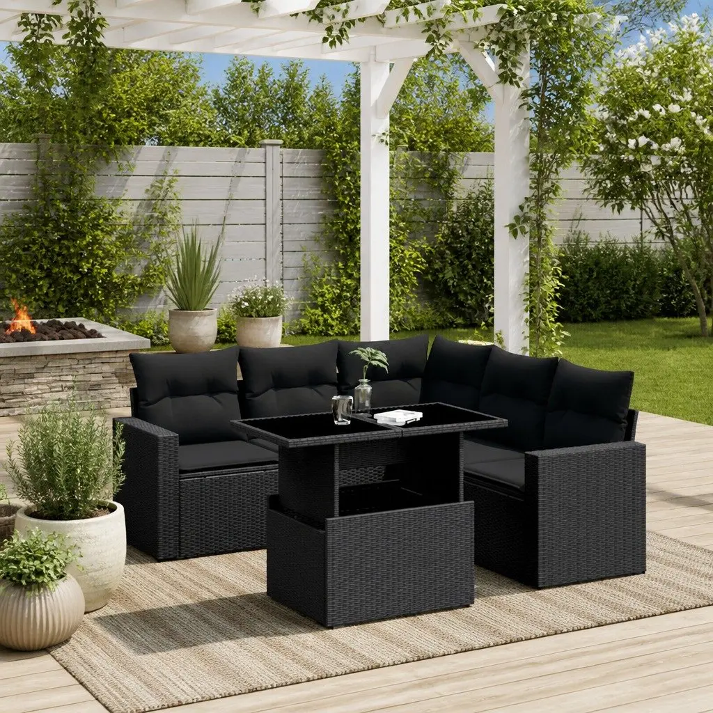 Garden Sofa Set Modular Outdoor Furniture 6 Piece Black PE Rattan