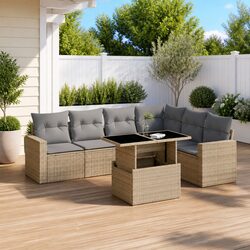7 Piece Outdoor Garden Sofa Set Beige Poly Rattan Patio Furniture with Cushions