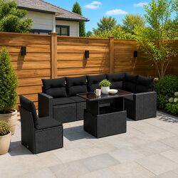 7 Piece Garden Sofa Set Outdoor Patio Furniture Black Poly Rattan with Cushions