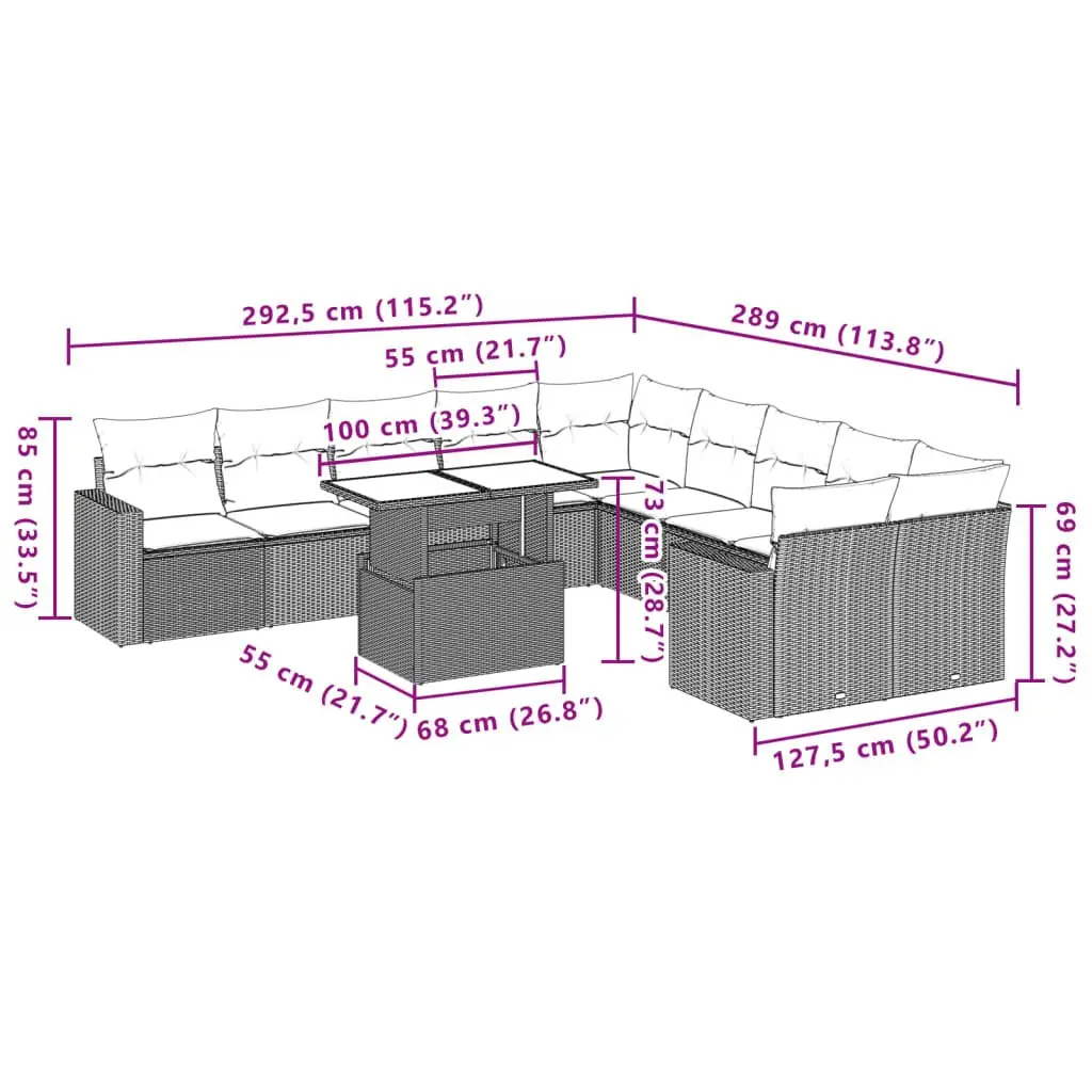 Outdoor Garden Sofa Set 11 Piece Beige Poly Rattan Furniture with Cushions