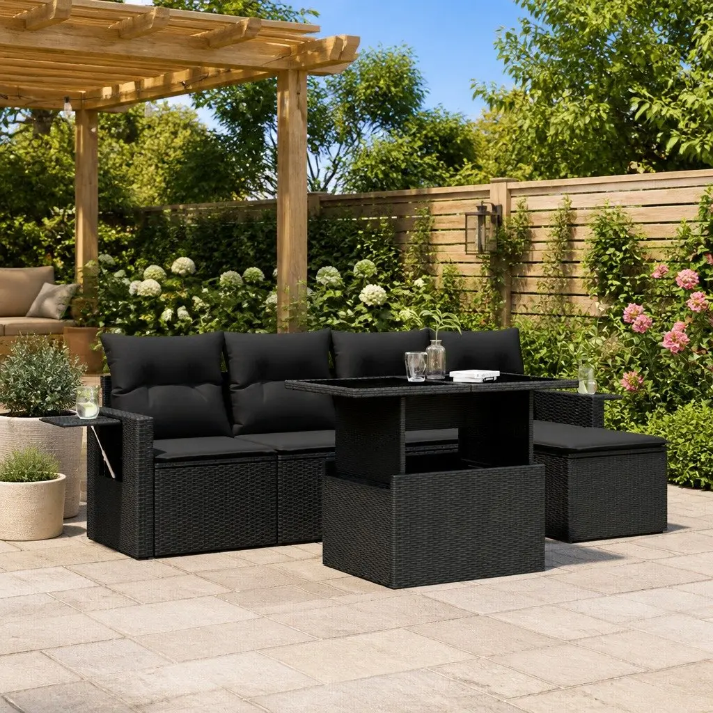 Garden Sofa Set 6 Piece Outdoor Furniture Black Poly Rattan Modular with