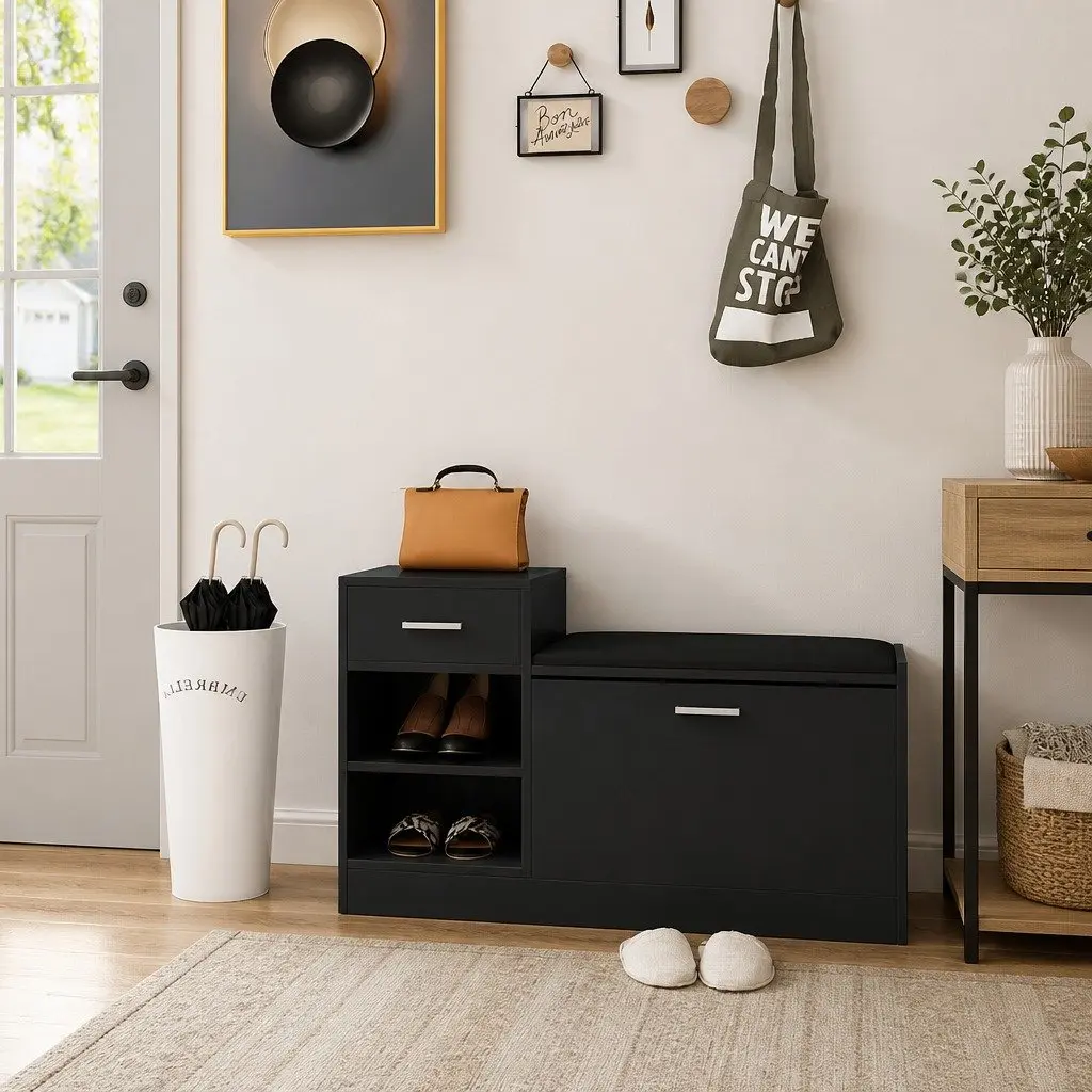 Shoe Bench Storage Organiser Black Engineered Wood Seating Cabinet