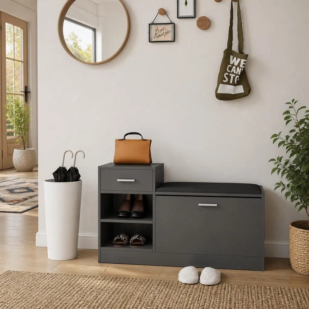 Shoe Storage Bench Grey Seating Organiser 94.5cm x 31cm x 57cm