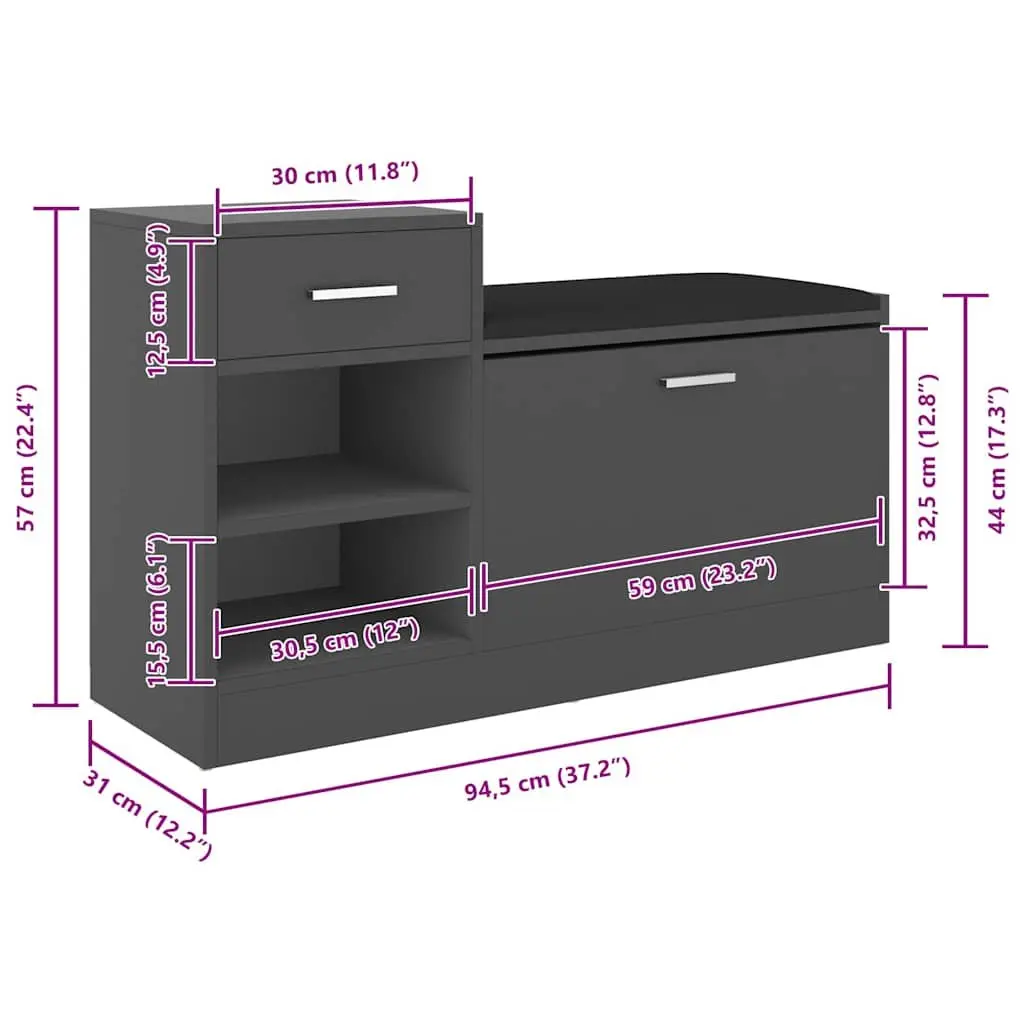 Shoe Storage Bench Grey Seating Organiser 94.5cm x 31cm x 57cm