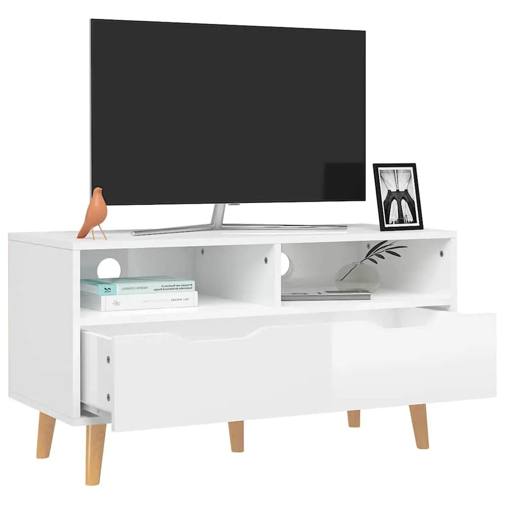 TV Cabinet Storage Unit Engineered Wood 90W x 40D x 48.5H cm White High Gloss
