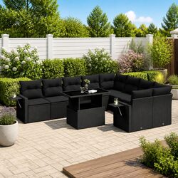 Garden Sofa Set 10 Piece Black Poly Rattan Outdoor Furniture Patio Cushions