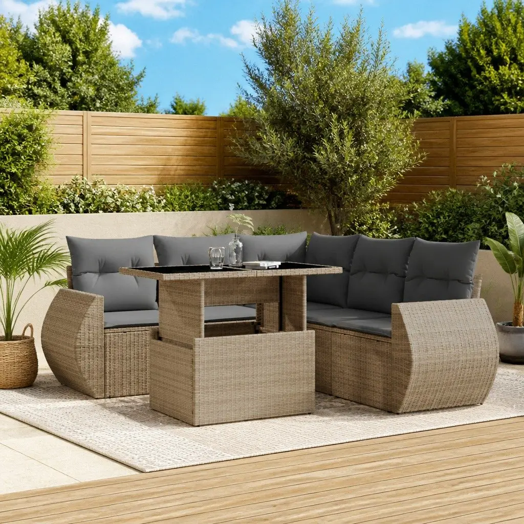 Beige Outdoor Garden Sofa Set 6 Piece Modular Furniture with Removable Cushions