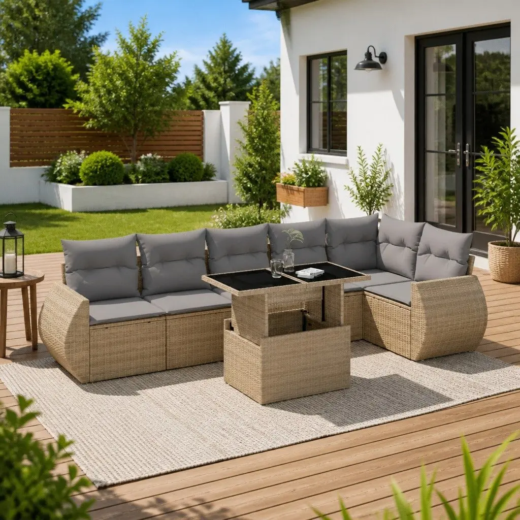 7 Piece Garden Sofa Set Outdoor Furniture Patio Lounge Beige Poly Rattan