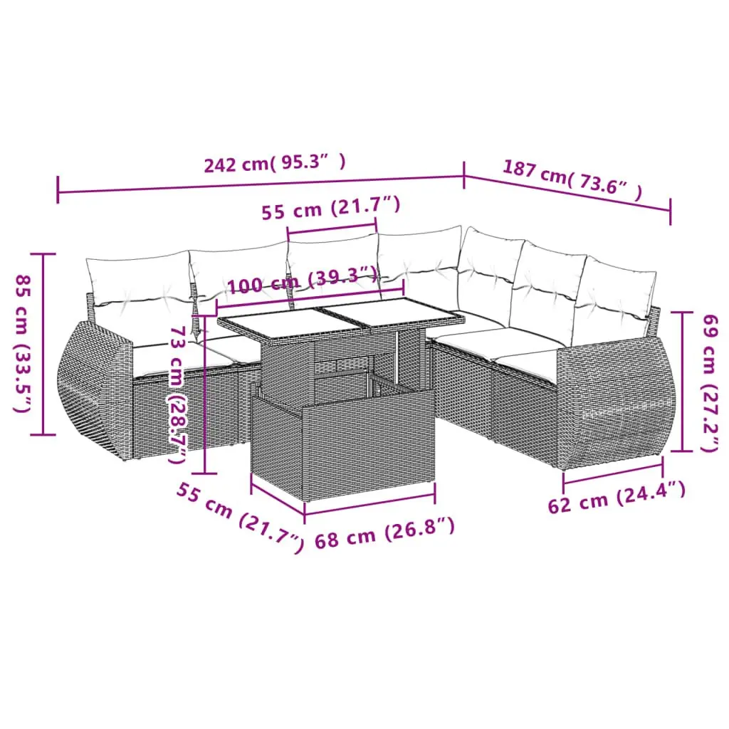 Grey Outdoor Sofa Set 7 Pieces with Cushions