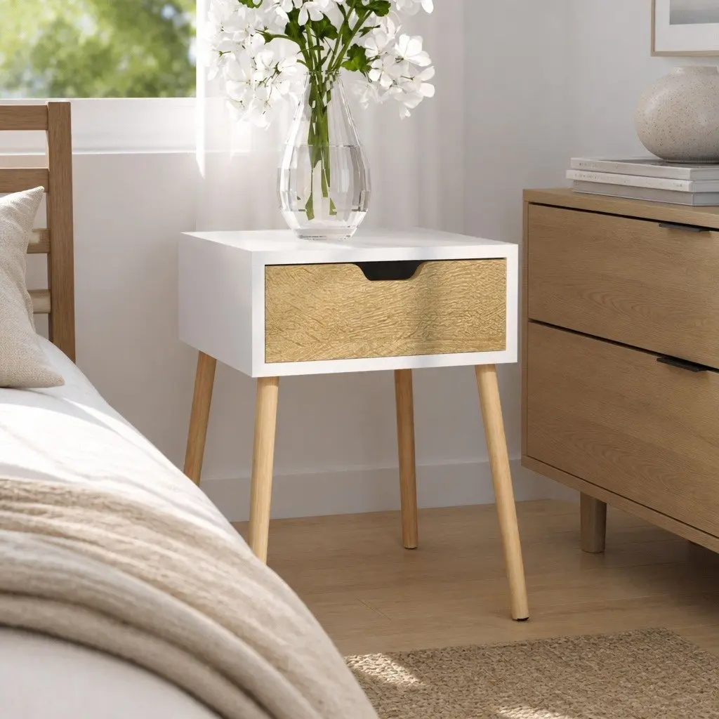 Bedside Cabinet Storage Drawer Engineered Wood White Sonoma Oak 56cm Height 40cm Width 40cm Depth