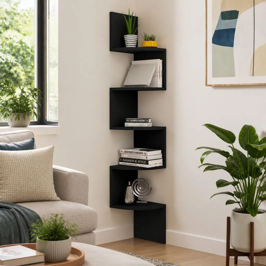 Wall Corner Shelf Black 19x19x123 cm Engineered Wood Rounded Levels Storage