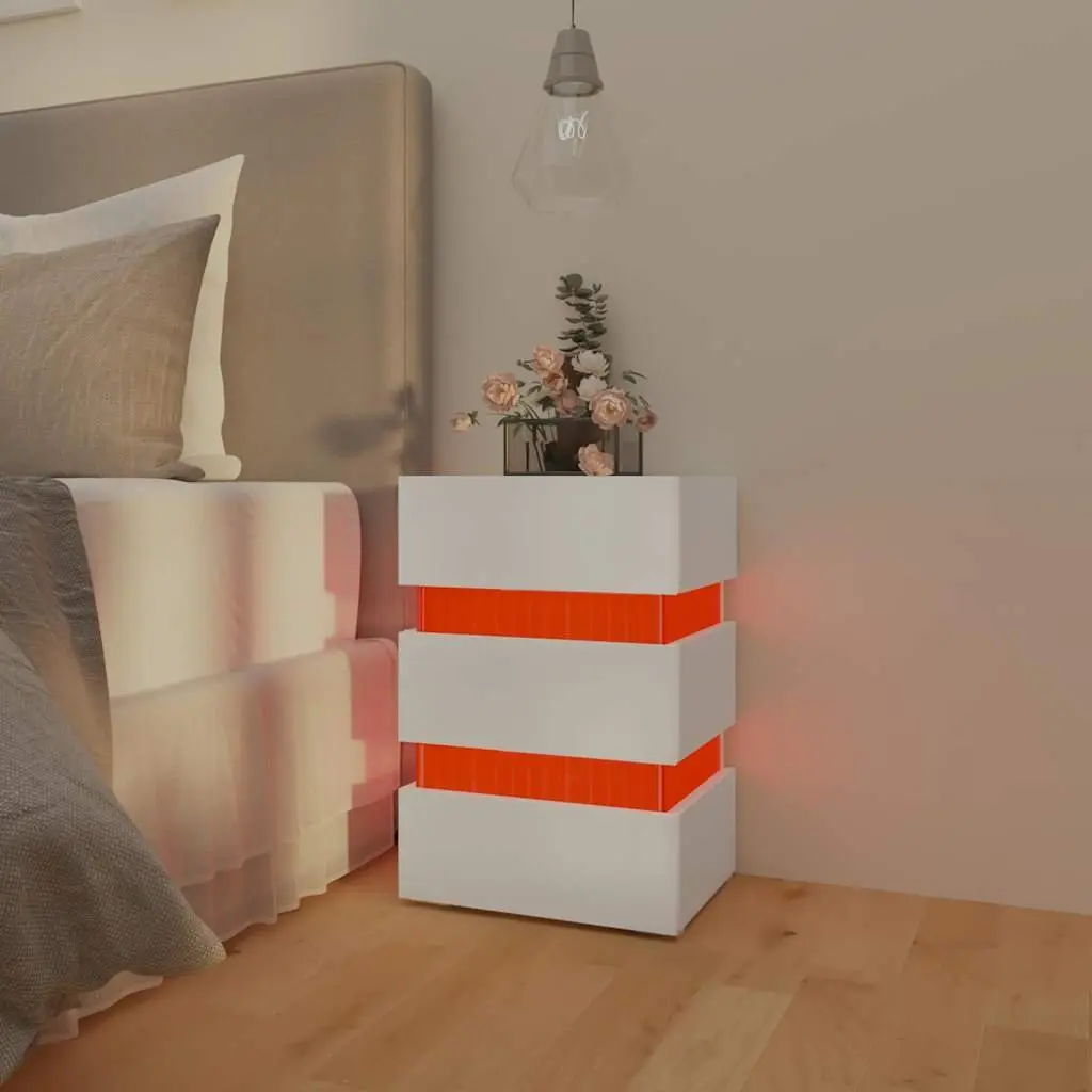 LED Bedside Cabinet White Engineered Wood Nightstand Storage Table with Light