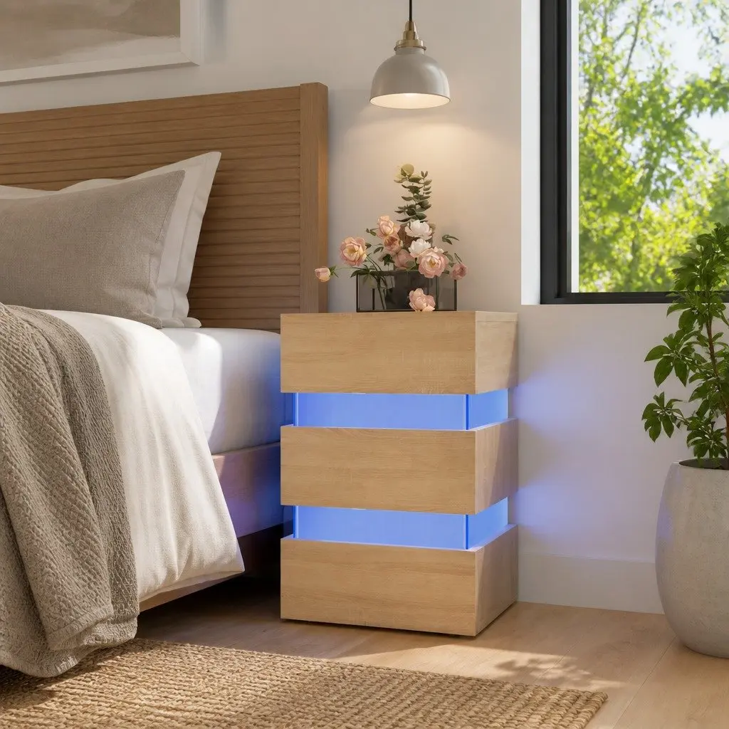 Bedside Table LED Light Storage Cabinet Nightstand Engineered Wood Brown