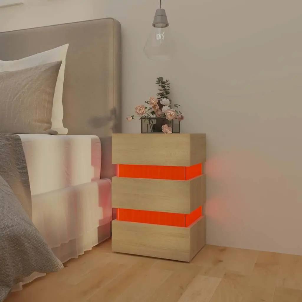Bedside Table LED Light Storage Cabinet Nightstand Engineered Wood Brown