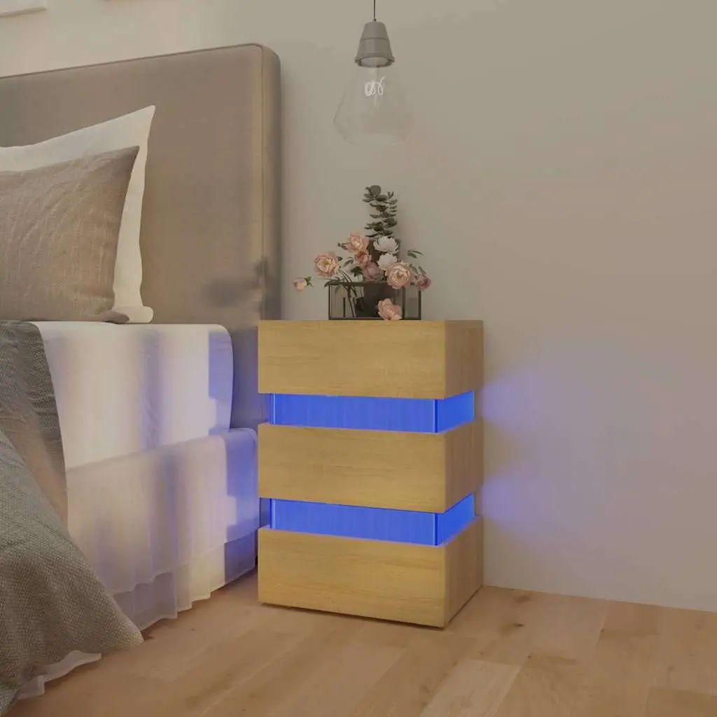 Bedside Table LED Light Storage Cabinet Nightstand Engineered Wood Brown