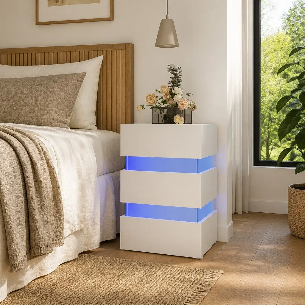 LED Bedside Cabinet White High Gloss Engineered Wood Nightstand Storage Table