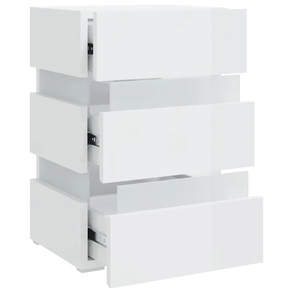 LED Bedside Cabinet White High Gloss Engineered Wood Nightstand Storage Table