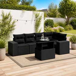 Garden Sofa Set 6 Piece Outdoor Furniture Black Poly Rattan Modular Patio