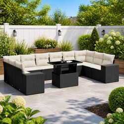 Outdoor Garden Sofa Set 11 Piece Black Poly Rattan Patio Furniture with Cushions